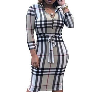 Zip-front plaid midi bodycon dress